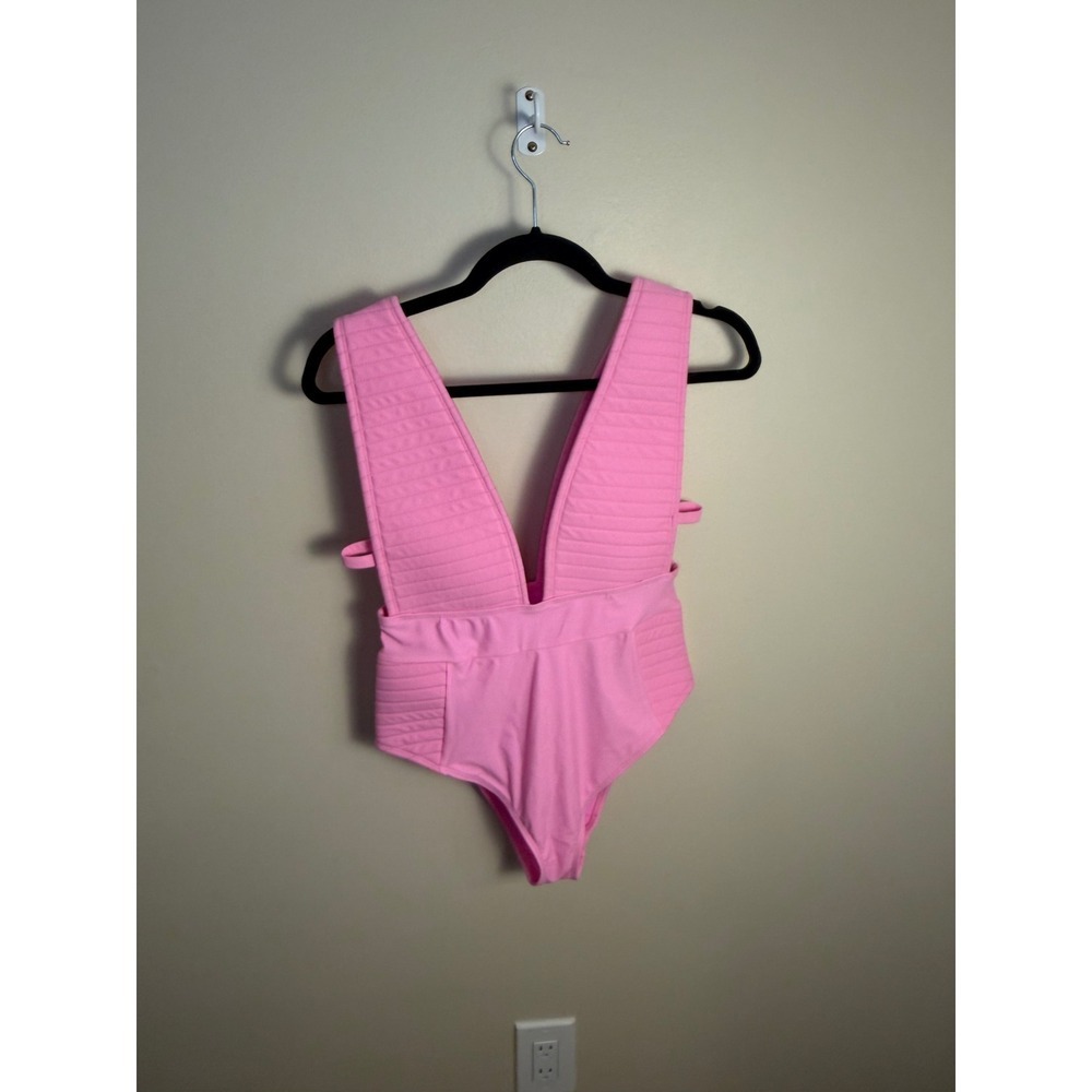 ASOS Swimsuit Women 6 Pink Deep V One Piece Quilted Textured High Cut Strappy - Picture 2 of 7